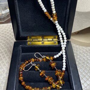 Amber Bead Necklace with Earrings, Sterling Silver 925, 18” Chain
